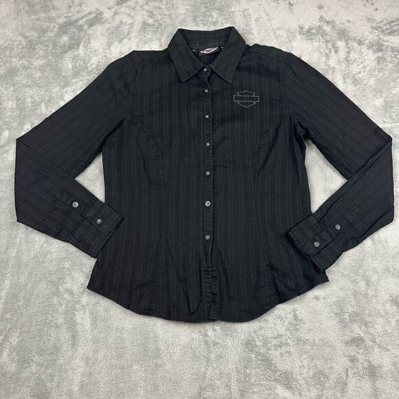 Harley Davidson Womens Black Button Down Shirt Rhinestone Eagle Medium - Picture 2 of 6